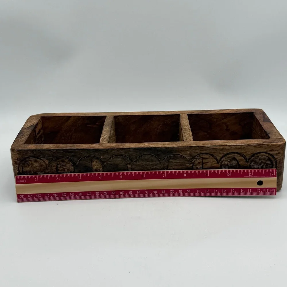 Hand Carved Wooden Triple Moon 3 Compartment Organizer Box Celestial Decor